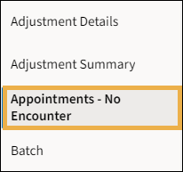 Reporting menu list with yellow highlight box around the Appointments-No Encounter Report.